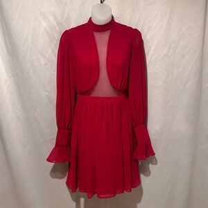 Y2K Backless Red Chiffon Dress French Ruffle Cuffs Size Small